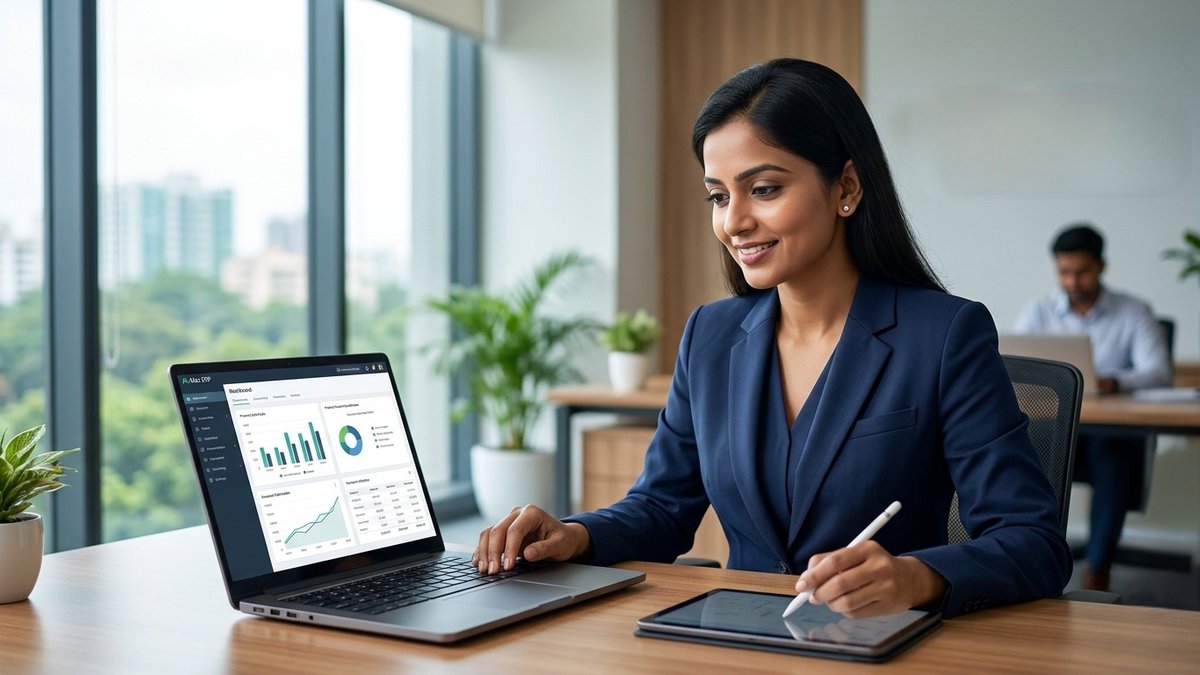 Professional Indian businesswoman using billing software on a laptop in a modern office